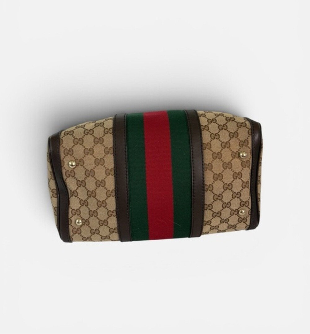 Gucci Vintage Web Boston Bag Satchel Brown & Green USA SELLER - Picture 2 of 11